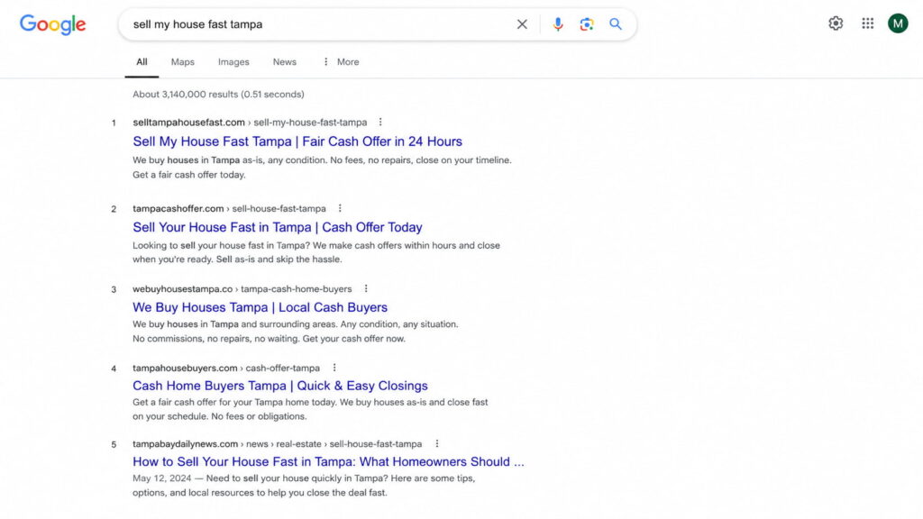 Google search results page for "sell my house fast tampa" showing cash home buyer websites, local real estate resources, and organic search listings ranking on the first page of Google.