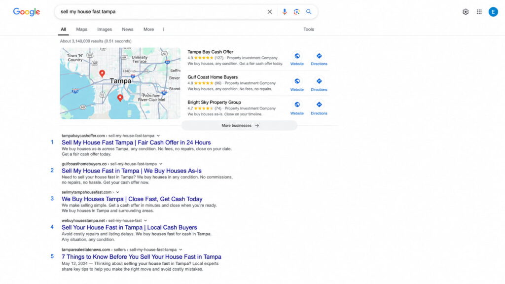 Google search results page for “sell my house fast tampa” showing a local map pack and cash home buyer listings.
