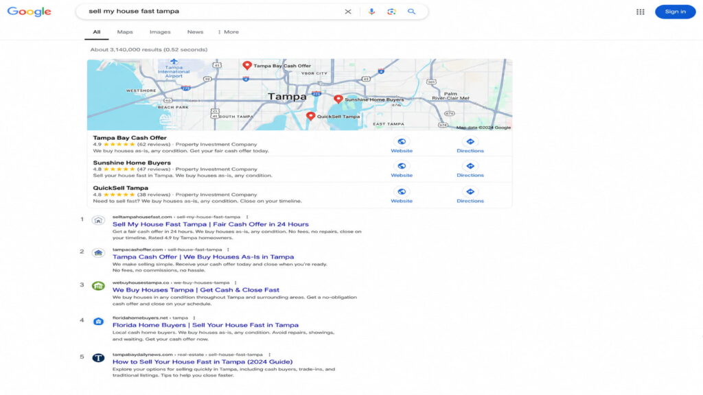 Google search results page for “sell my house fast tampa” showing a local map pack and cash home buyer listings in Tampa.