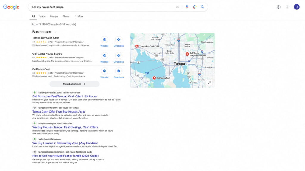 Google search results page for “sell my house fast tampa” showing local cash buyer listings, map results, and organic search results.