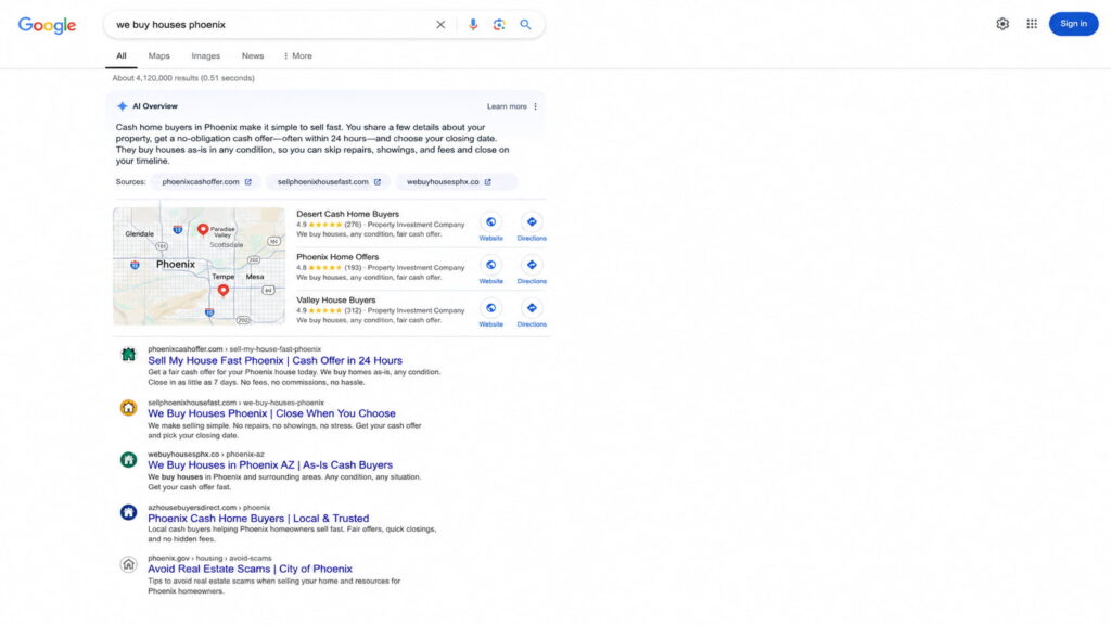 Google search results page for “we buy houses phoenix” showing an AI Overview, local map listings, and cash home buyer websites.