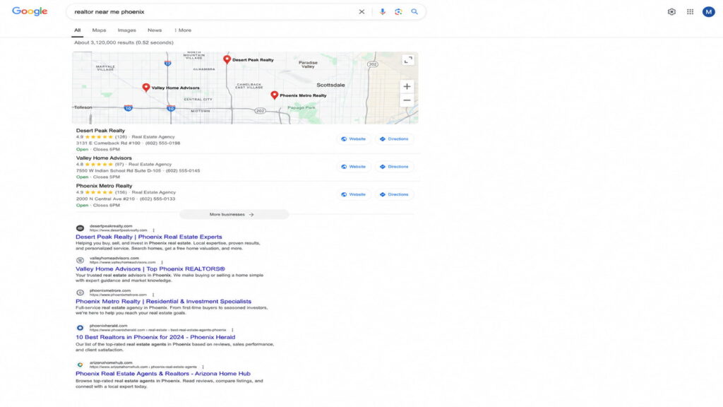 Google search results page showing local real estate agencies and organic listings