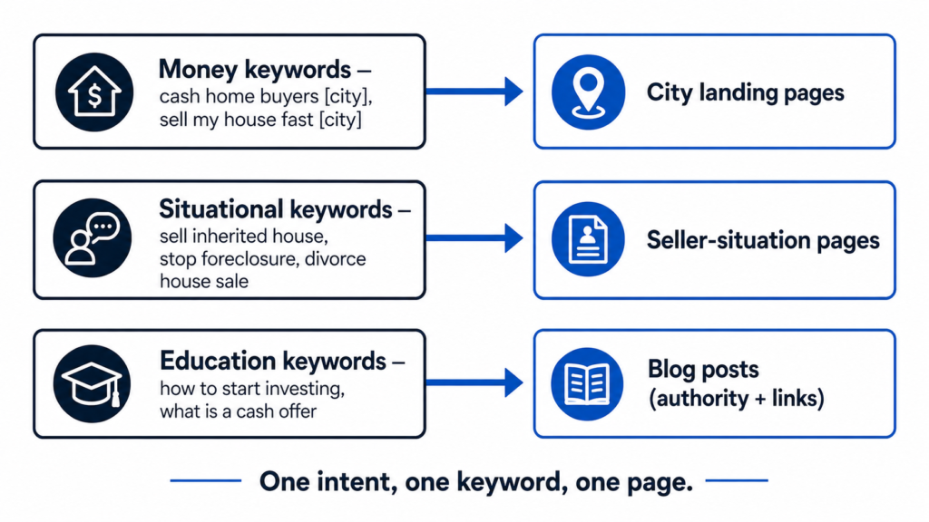 Keyword mapping diagram showing money, situational, and education real estate keywords connected to their corresponding page types: city landing pages, seller-situation pages, and blog posts.