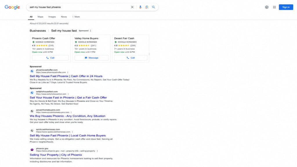 Local Service Ads sit above everything, then Search Ads, then organic. The order on the page is the order of intent.