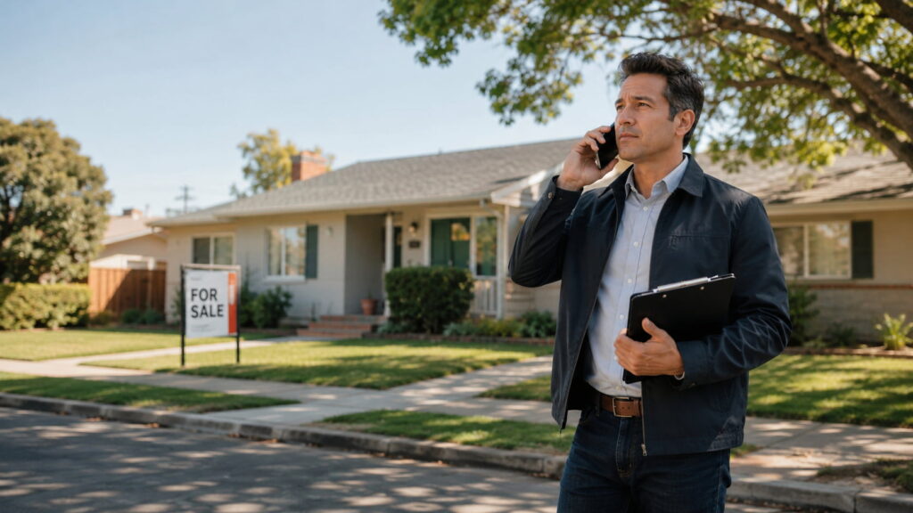 Real estate investor standing outside a suburban home with a For Sale sign, talking on the phone while evaluating the property and holding a clipboard on a residential street.