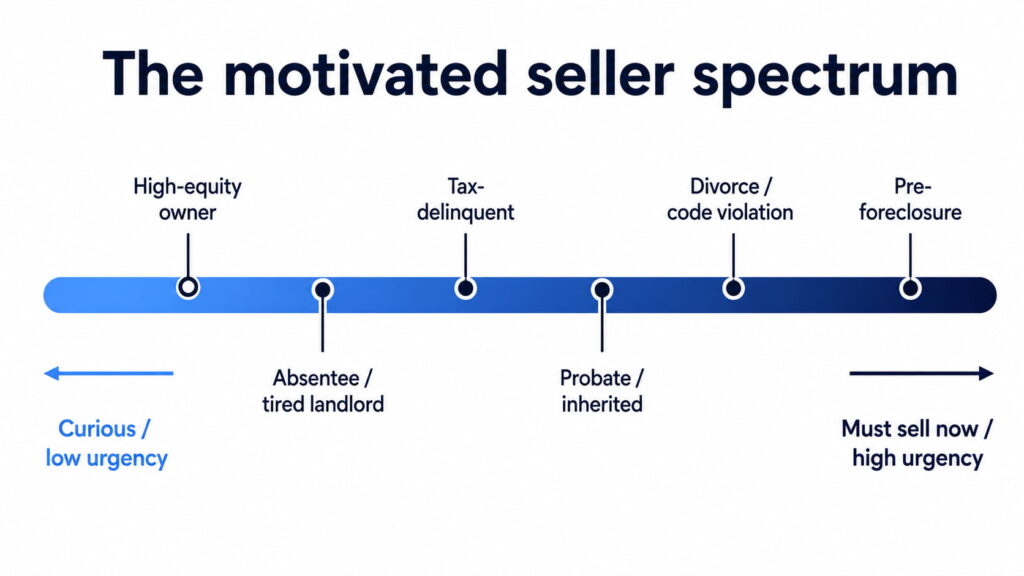 Motivated seller spectrum showing real estate lead types ranked from low to high urgency.