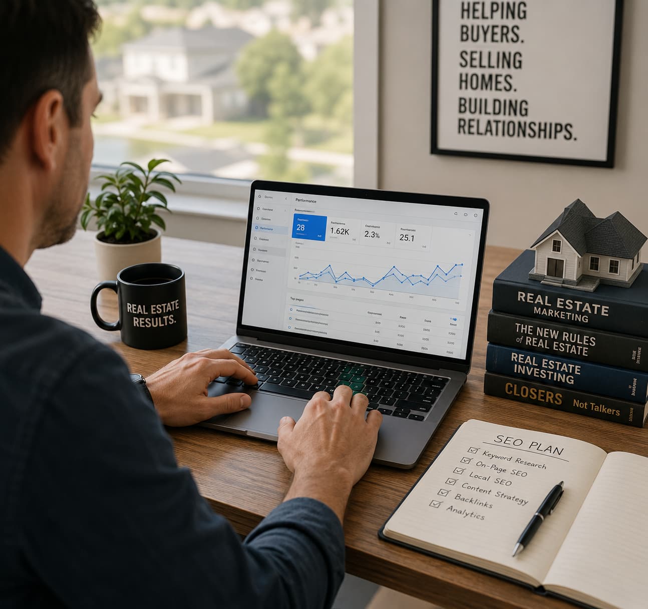 Real estate agent reviewing SEO and lead generation performance from a home office.