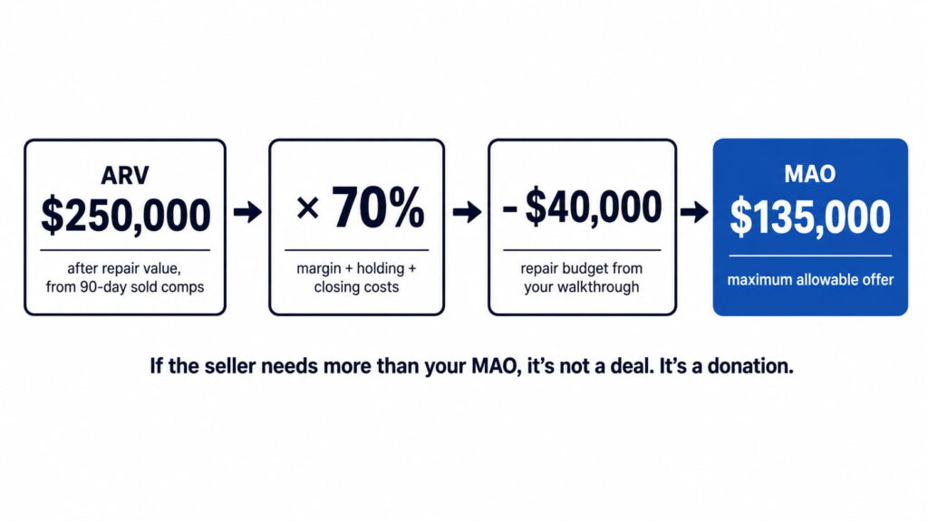 Real estate investor 70% rule diagram showing how a $250,000 ARV becomes a $135,000 maximum allowable offer after applying the 70% formula and subtracting $40,000 in repair costs.