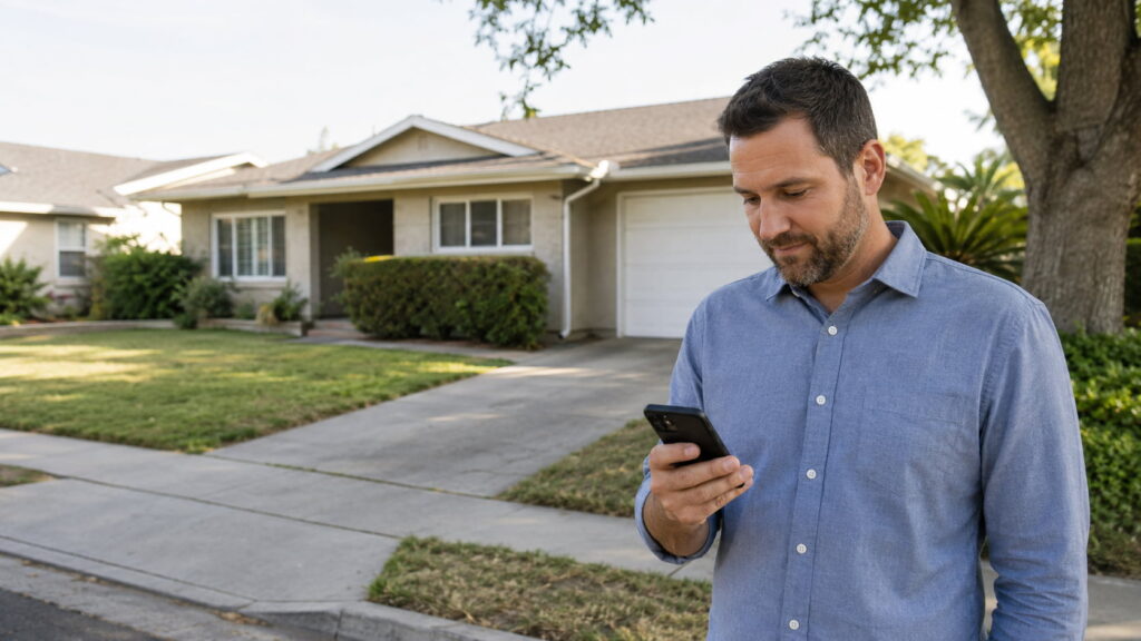 Real estate investor checking a lead notification on his phone while standing outside a suburban home.