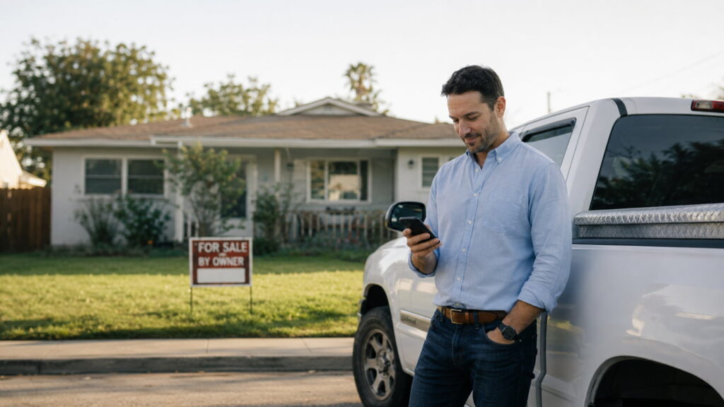 Real estate investor checking a lead on his phone beside a white pickup truck in front of a suburban FSBO home.