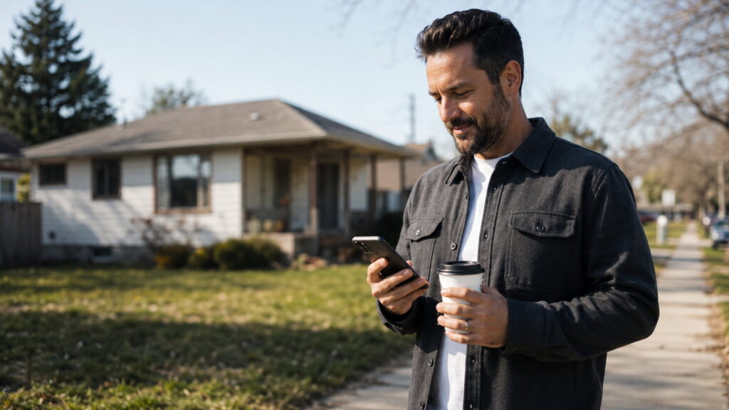 Real estate investor checking a new lead on his phone while standing on a suburban sidewalk with a house in the background.