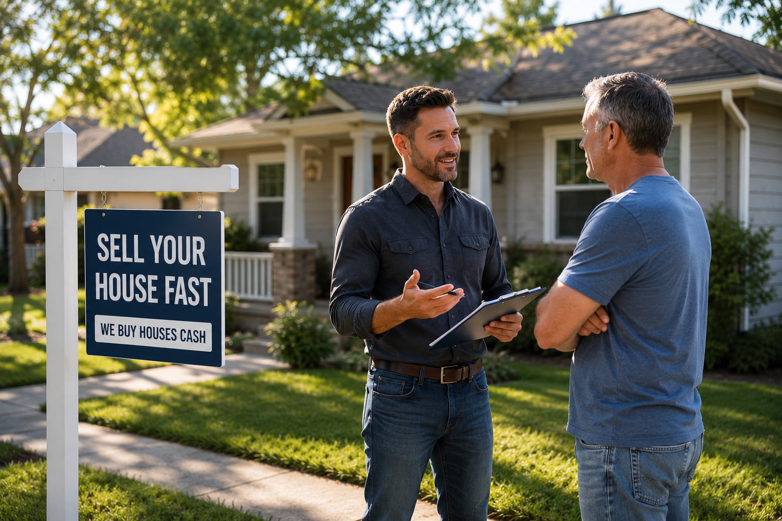 Real estate investor discussing a home sale with a homeowner outside a suburban house