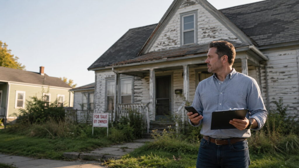 Real estate investor evaluating a distressed house.