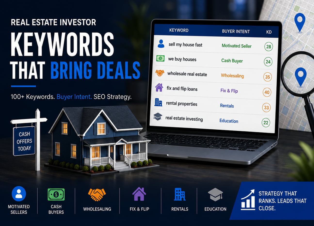 Real estate investor keyword strategy banner showing high-intent keywords, buyer intent categories, and local SEO opportunities.