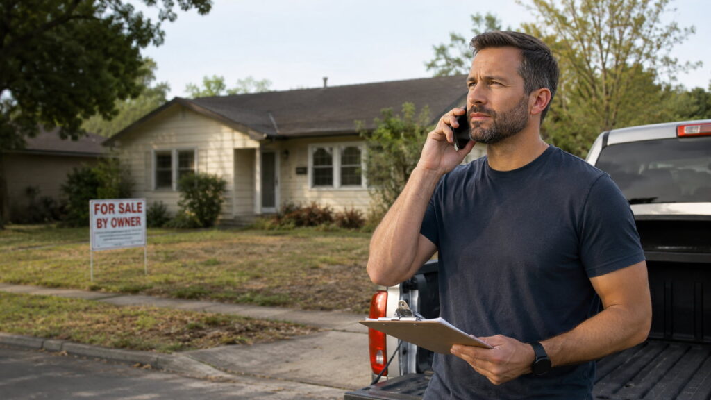Real estate investor on a phone call beside a pickup truck, evaluating a for-sale-by-owner house in a suburban neighborhood.