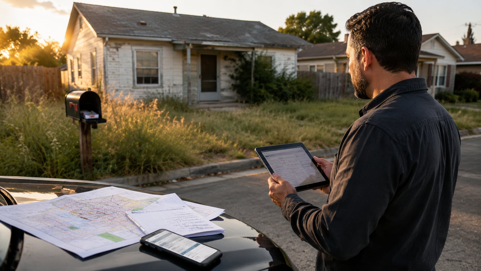 Real estate investor researching an off-market property in a suburban neighborhood before it is listed for sale.