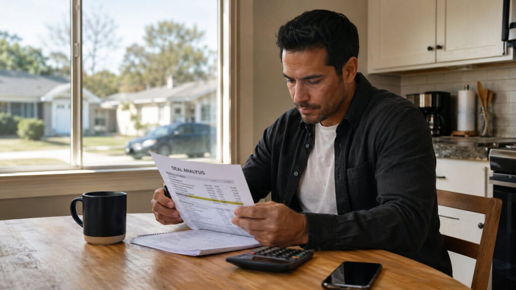 Real estate investor reviewing a deal sheet at a kitchen table with a calculator and phone.