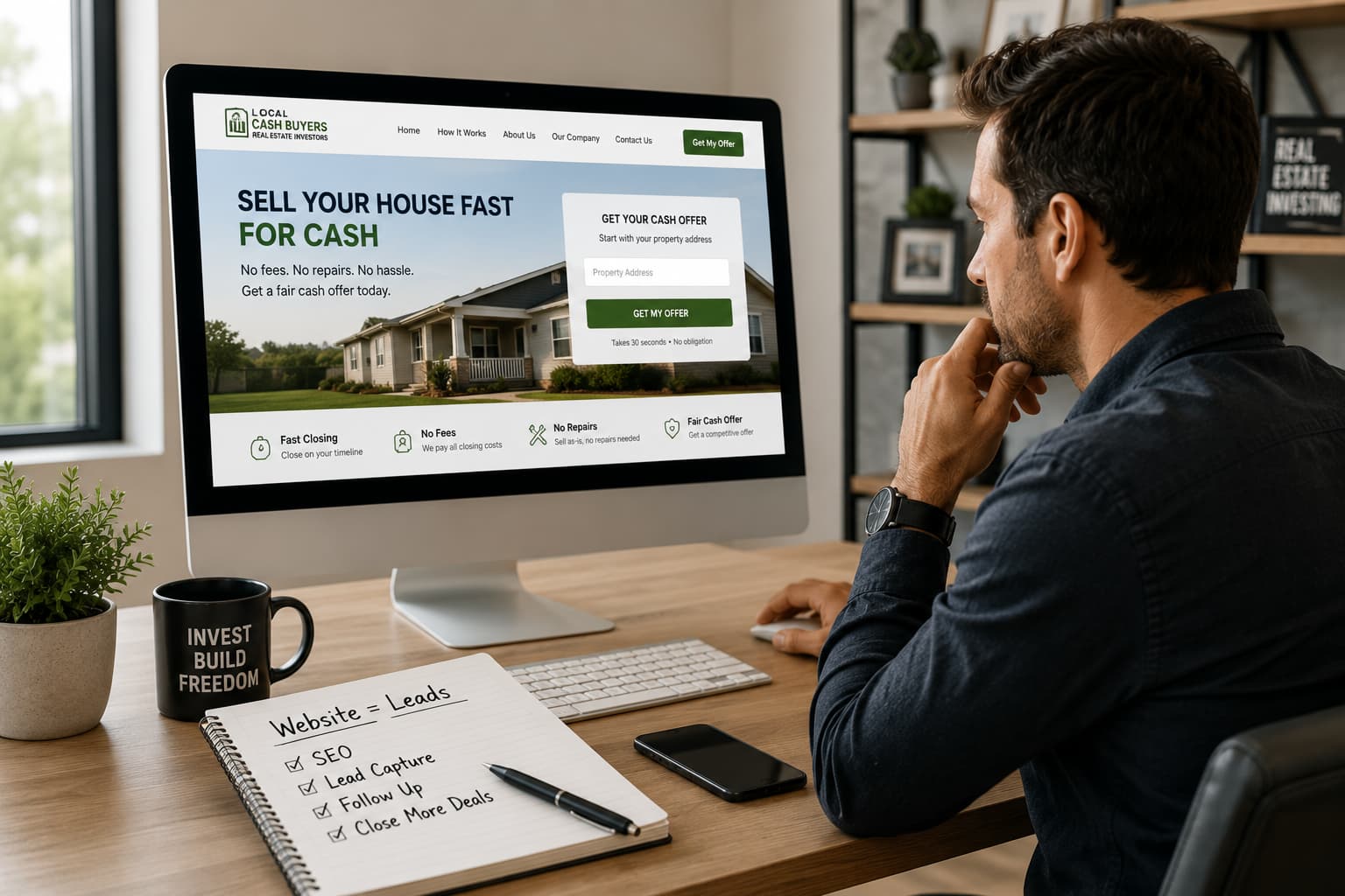 Real estate investor reviewing a lead-generating website for motivated seller marketing.