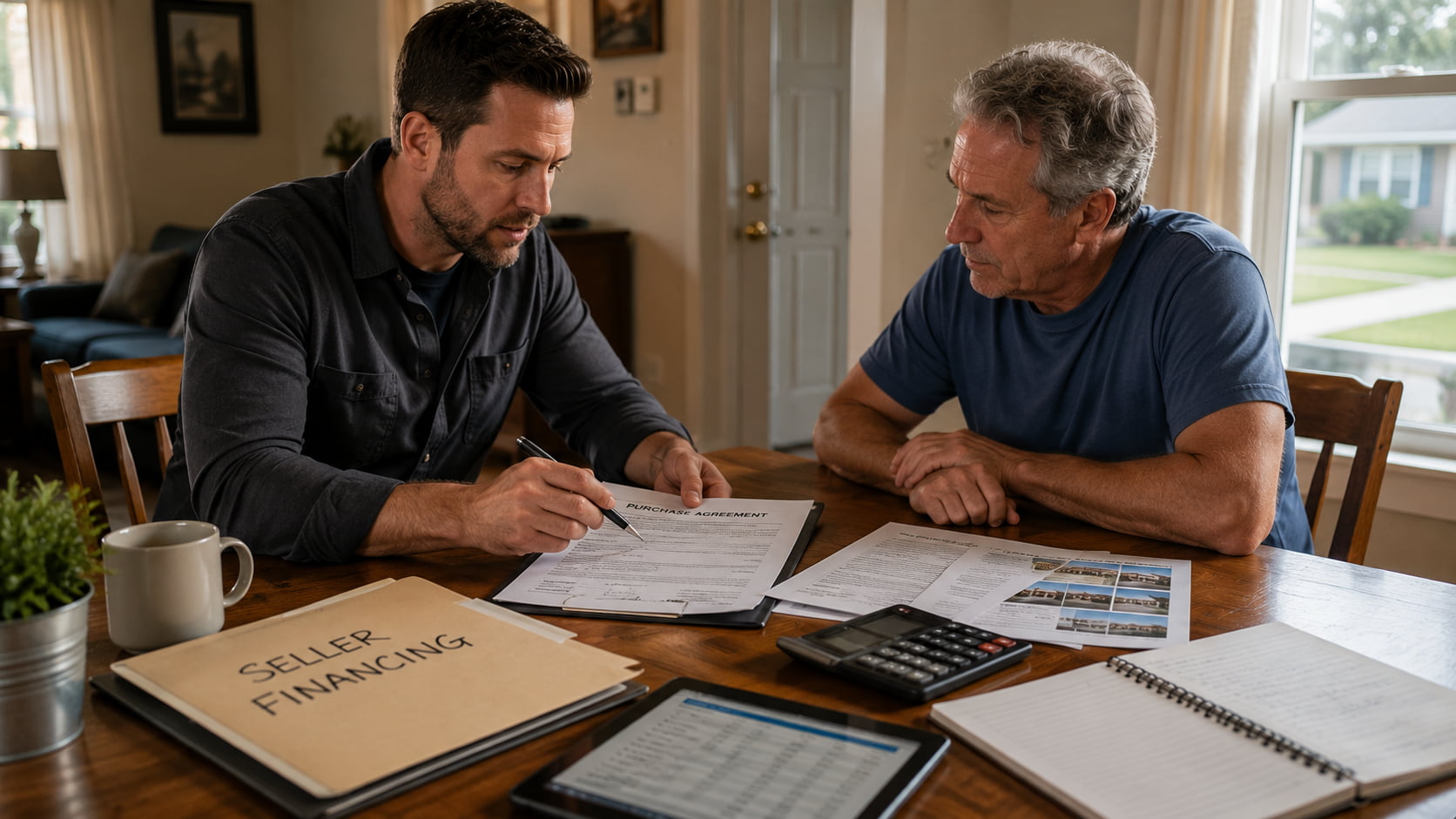 Real estate investor reviewing a seller financing agreement with a homeowner at a dining table.