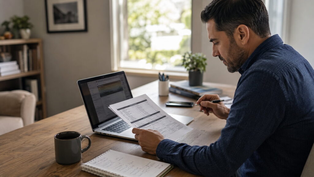 Real estate investor reviewing keyword research documents at a home office desk with laptop and notes.