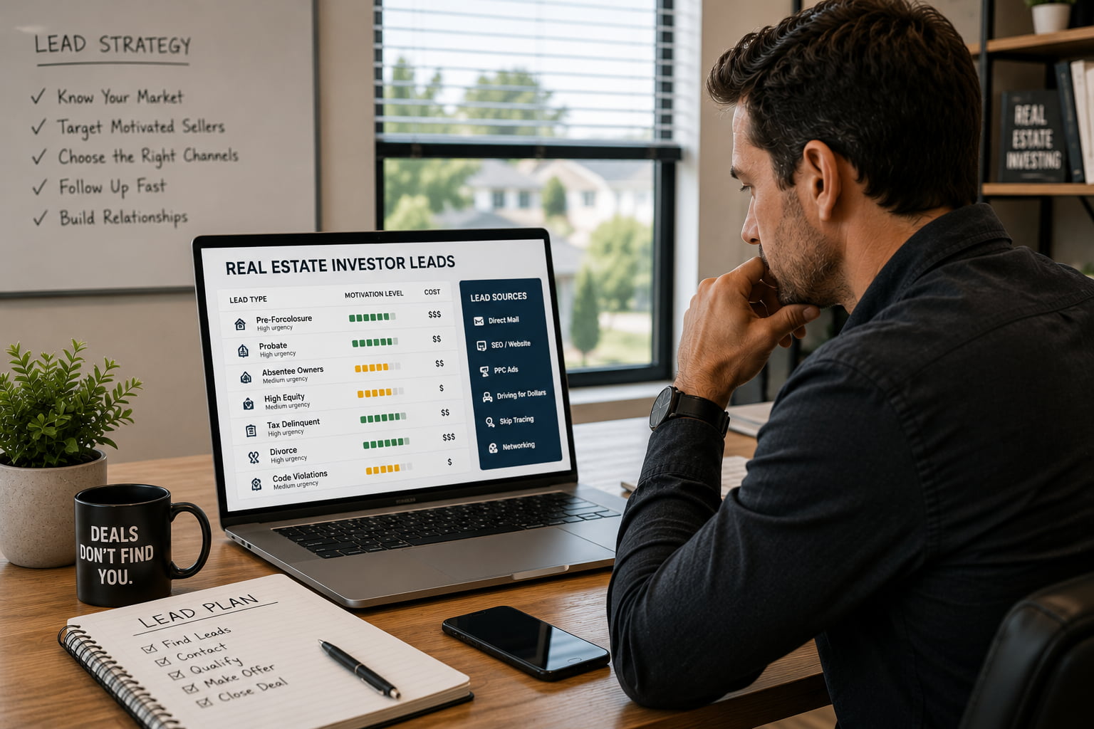 Real estate investor reviewing motivated seller lead sources on a laptop.