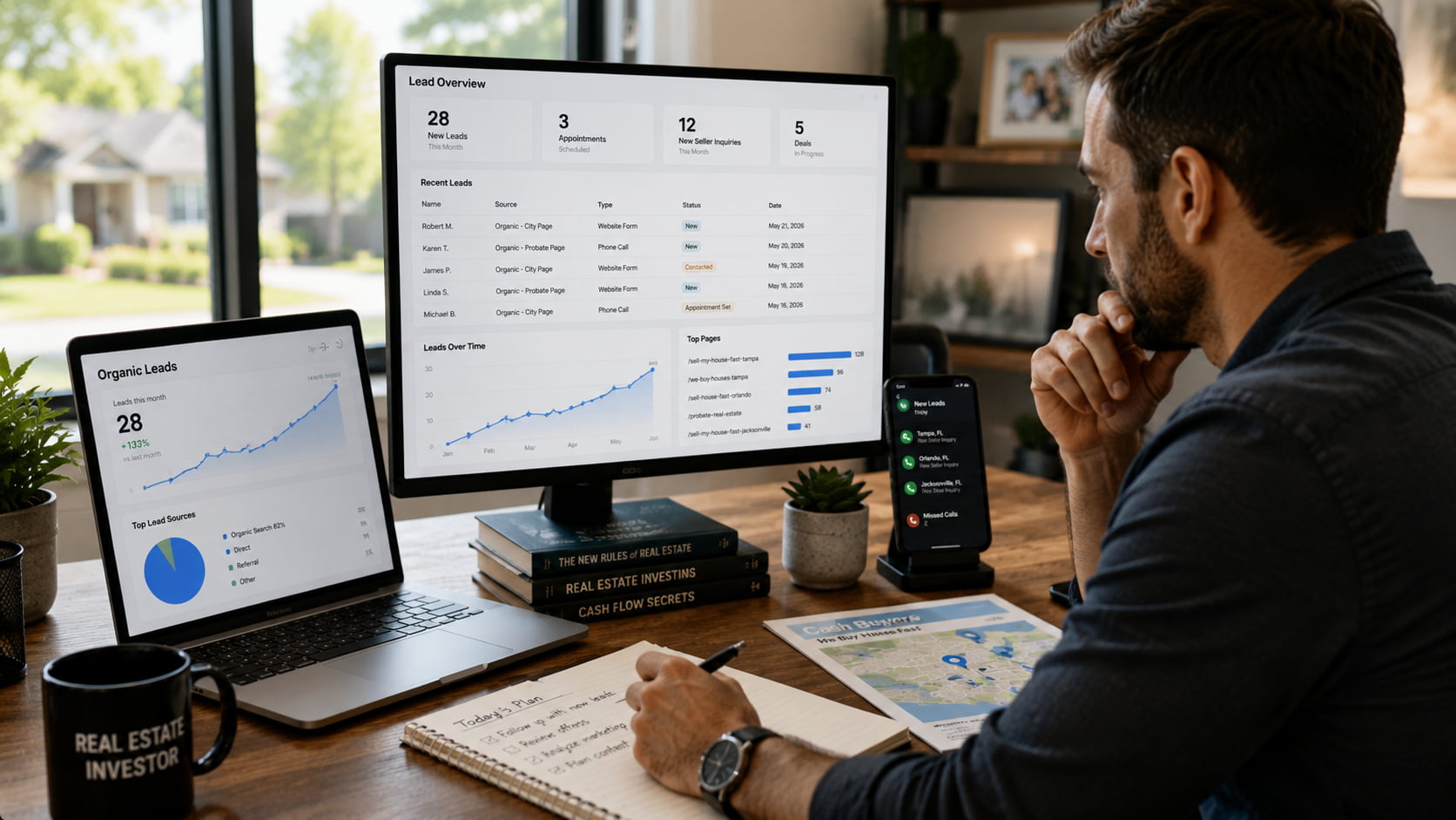 Real estate investor reviewing organic lead growth and motivated seller inquiries from a home office dashboard.