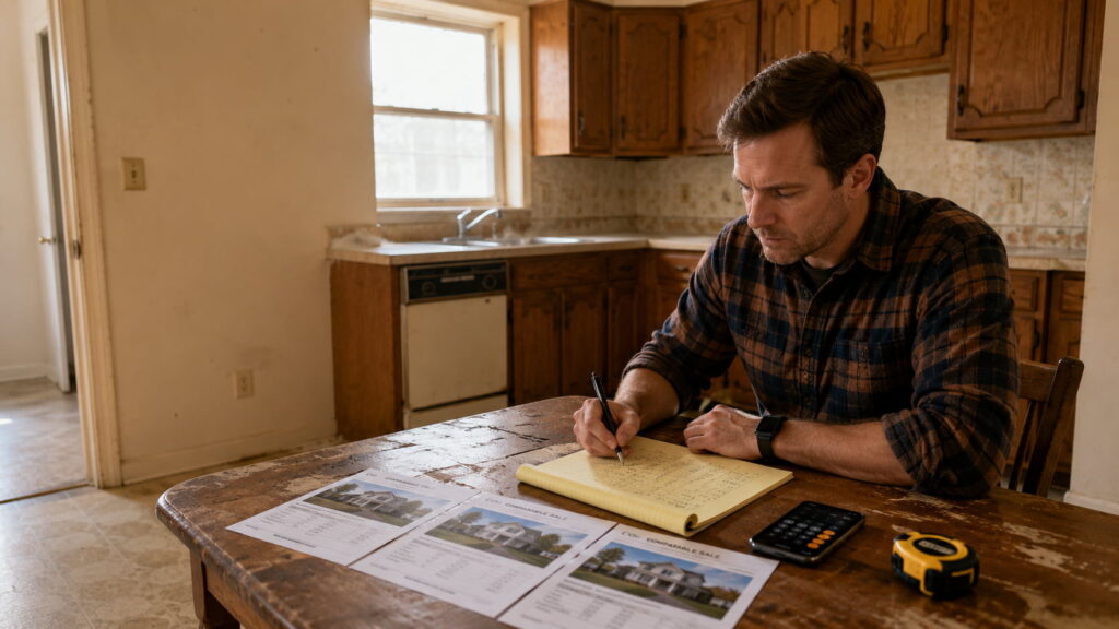 Real estate investor reviewing property numbers at a kitchen table inside a dated vacant house.