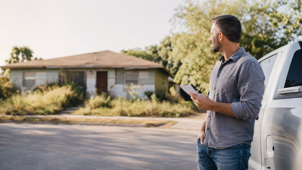 Real estate investor standing beside a white pickup truck, evaluating a distressed suburban property with overgrown grass on a quiet residential street.