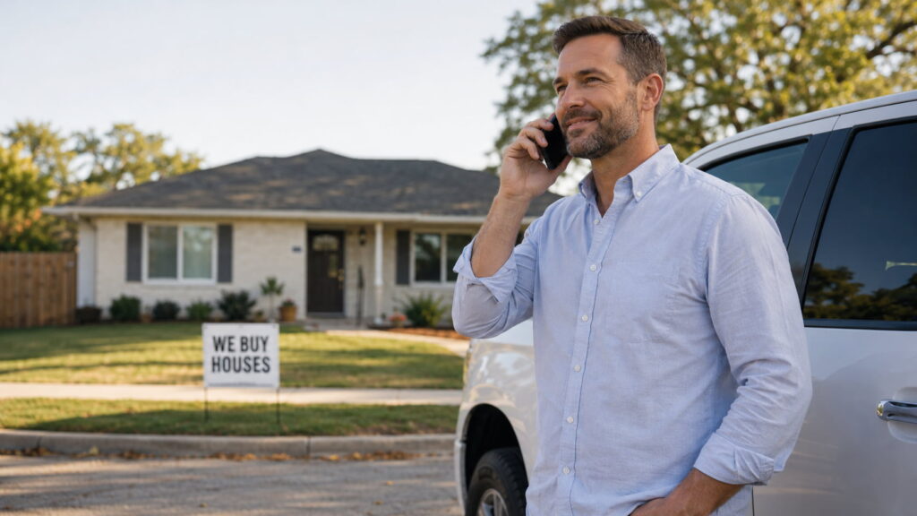 Real estate investor taking a phone call beside a white pickup truck in front of a suburban home with a We Buy Houses sign.