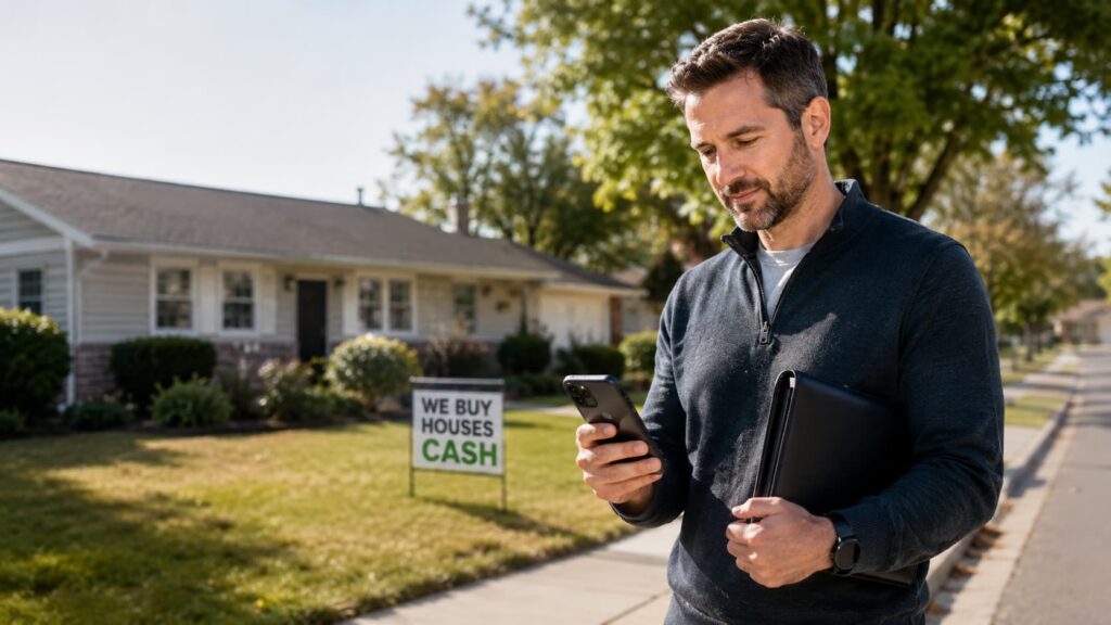 Real estate professional checking a new lead on a smartphone while standing on a suburban sidewalk in front of a house.