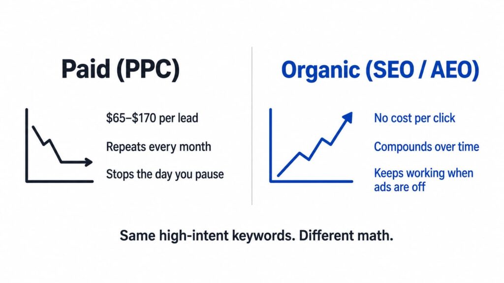 Same high-intent keywords, two very different cost structures. Paid rents attention; organic builds an asset.