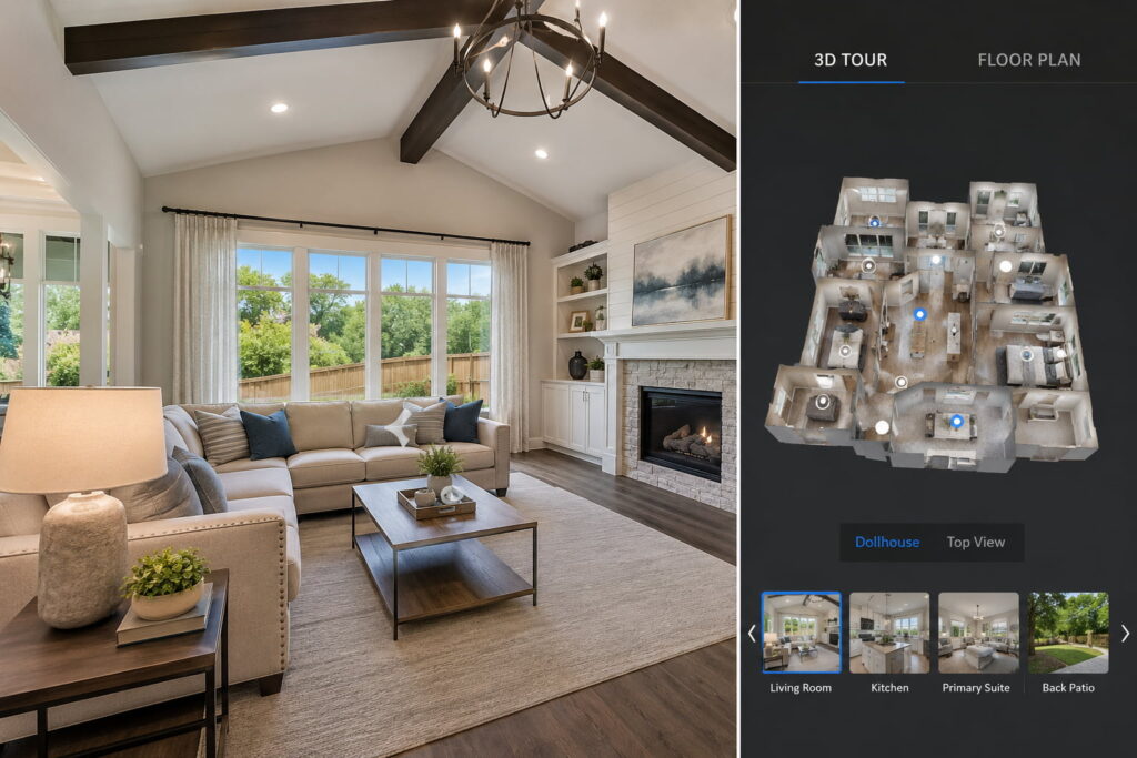 Professional real estate marketing image featuring a bright, modern living room with large windows, natural light, neutral furnishings, and a staged interior. A virtual-tour interface appears alongside the room, displaying a dollhouse-style 3D floor plan and navigation controls, illustrating an interactive home walkthrough experience for property listings.