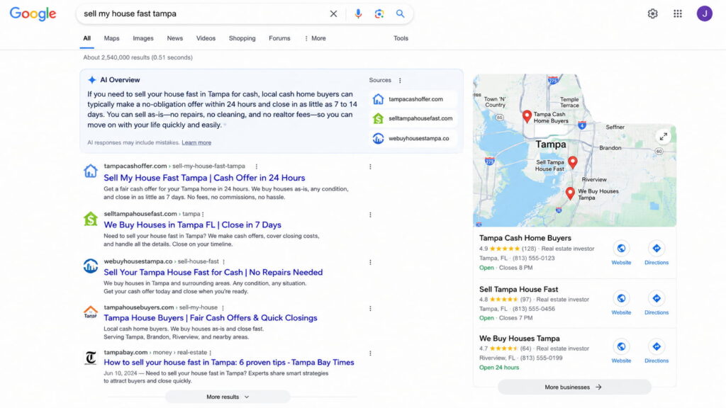 The AI Overview answers "sell my house fast Tampa" and cites three buyers. The seller has her answer before she reaches result #1.