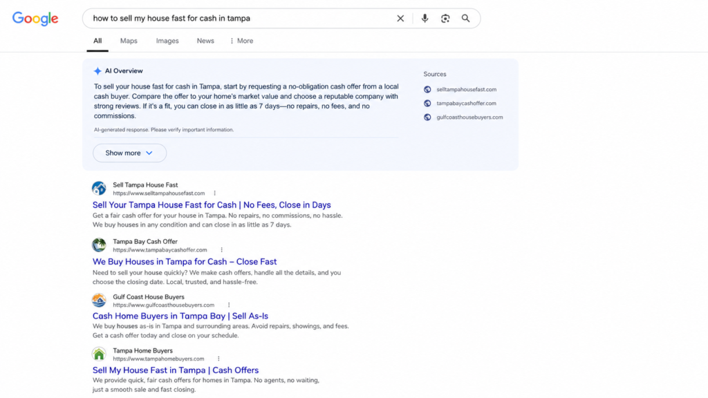 The AI Overview answers the seller before they scroll