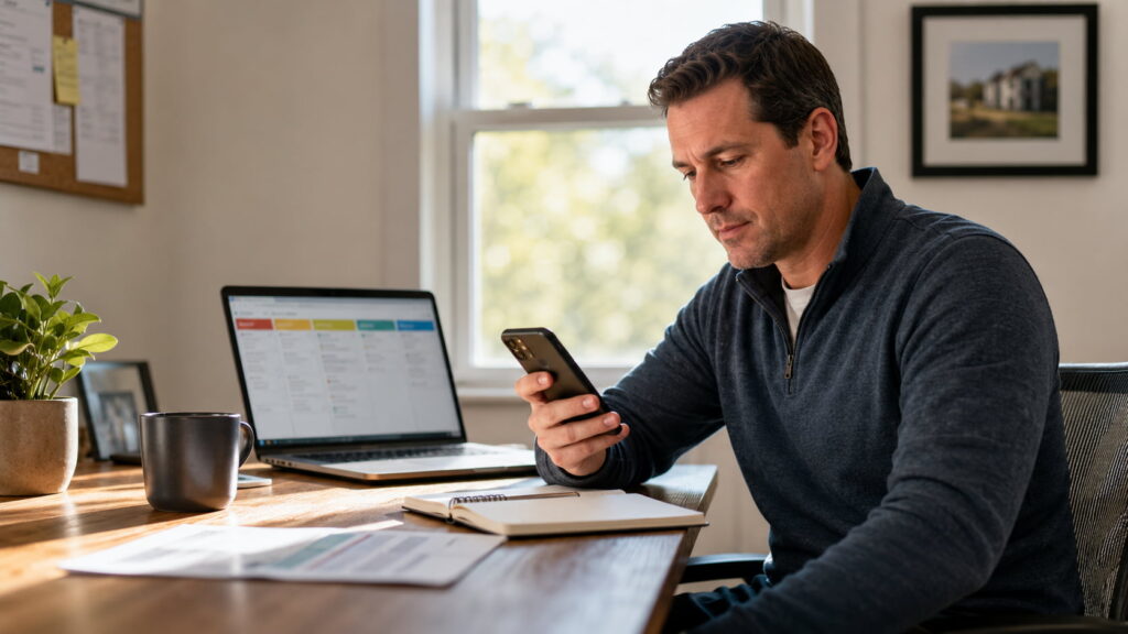 Real estate investor seated at a modest home-office desk, calmly checking a lead notification on his smartphone. An open laptop beside him displays a blurred sales pipeline board, while a coffee mug, notepad, and documents rest on the desk. Soft natural daylight streams through a window in the background, creating a warm, professional, and authentic workspace atmosphere with ample negative space on the left side of the image.