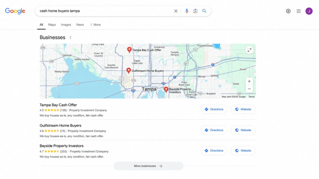 Google search results page for “cash home buyers tampa” showing a local map pack with three property investment companies, including ratings, review counts, map locations, and options for directions and website access.