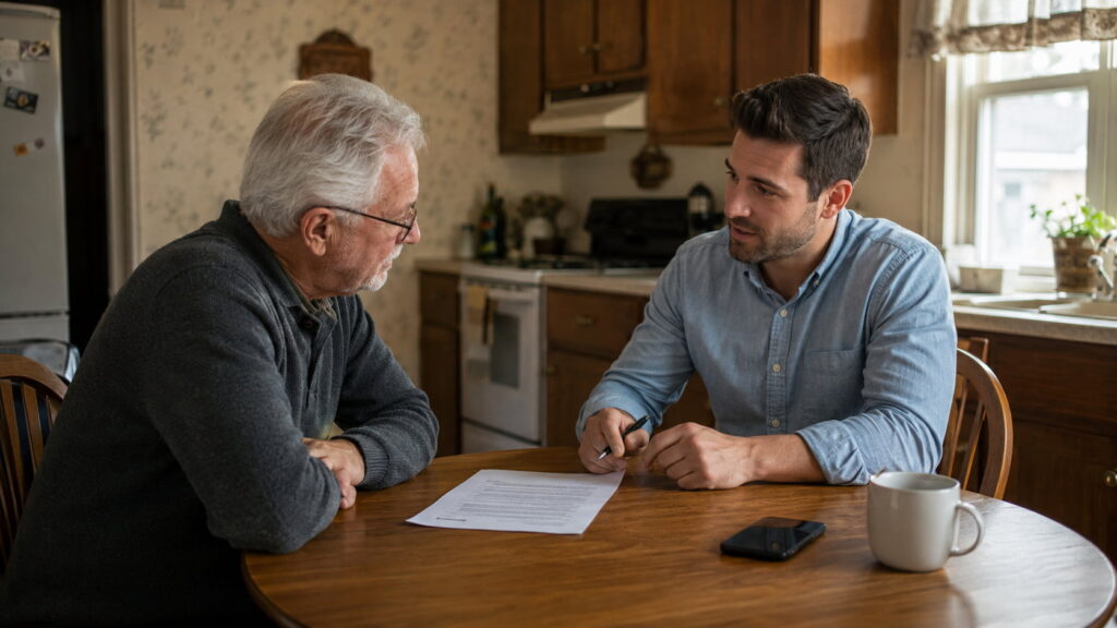 Real estate investor in a casual button-down shirt sitting across a kitchen table from an older homeowner in a modest suburban kitchen, reviewing a contract together with a phone and coffee mug nearby, illuminated by warm natural daylight in a professional, trustworthy meeting setting.