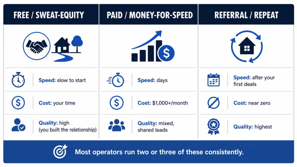 Vector comparison chart showing three ways real estate investors generate motivated seller leads: Free/Sweat-Equity (slow to start, costs time, high-quality relationships), Paid/Money-for-Speed (fast results, higher cost, mixed lead quality), and Referral/Repeat (develops after completed deals, low cost, highest-quality leads), with a note that most investors use multiple lead sources consistently.