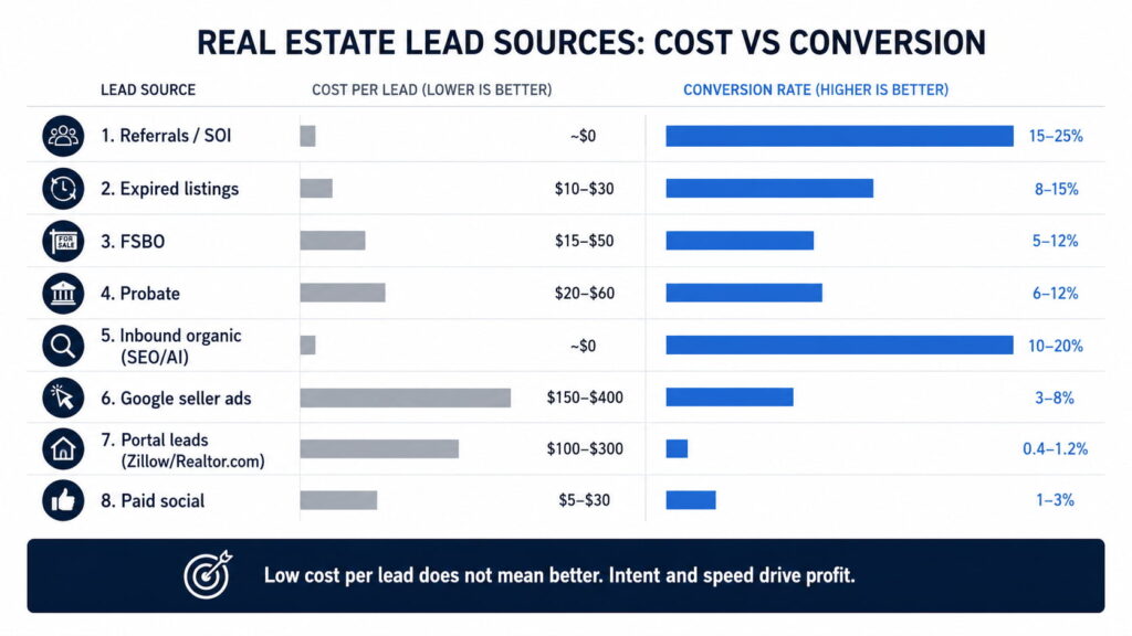 Vector chart comparing real estate lead sources by cost per lead and conversion rate.