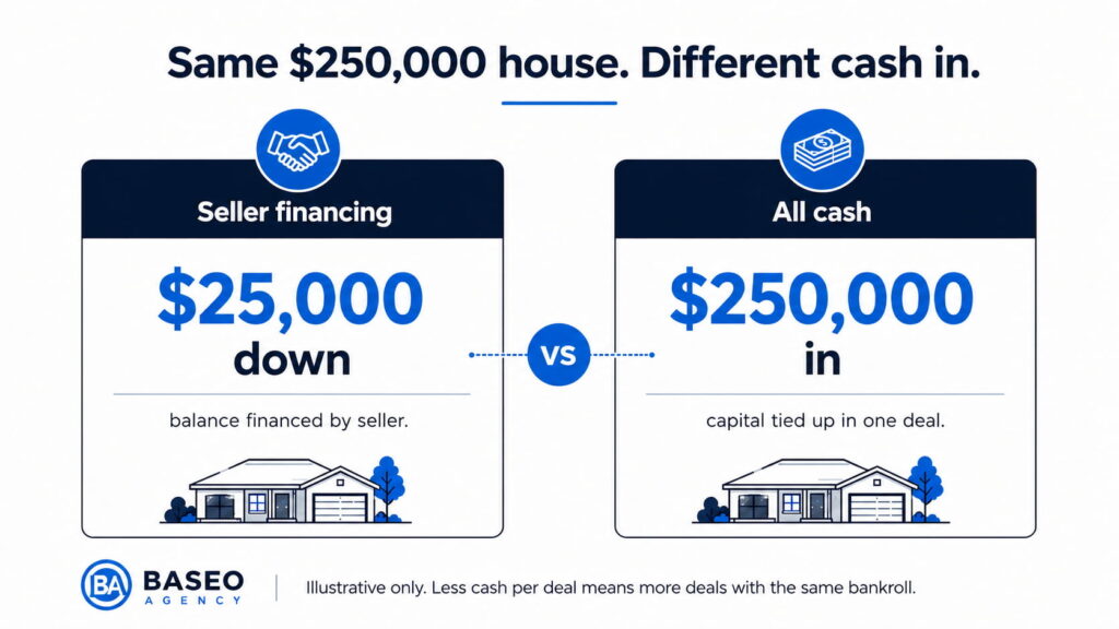 Vector diagram comparing seller financing and all-cash purchase costs for the same property.
