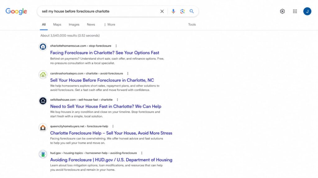 What a homeowner in default actually sees when they search for a way out. Whoever ranks here gets the call.