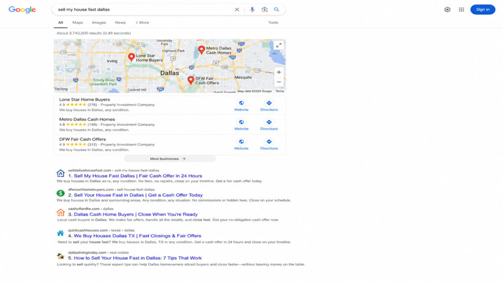 Google desktop search results page for “sell my house fast dallas,” featuring a local map pack with three cash home buyer businesses, ratings and reviews, followed by organic search listings for Dallas cash offer companies and a home-selling guide article.