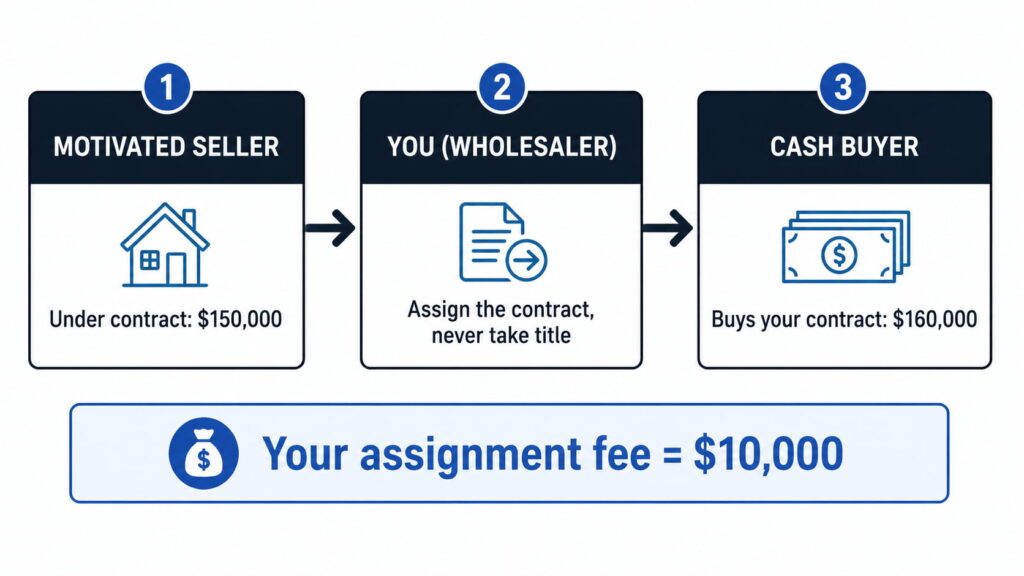 Vector infographic explaining a real estate wholesaling assignment fee. Three connected boxes show the process: a motivated seller contracts a property for $150,000, the wholesaler assigns the contract without taking title, and a cash buyer purchases the contract for $160,000. A highlighted banner below shows the wholesaler’s assignment fee of $10,000. Clean navy-and-blue design with arrows illustrating the transaction flow.