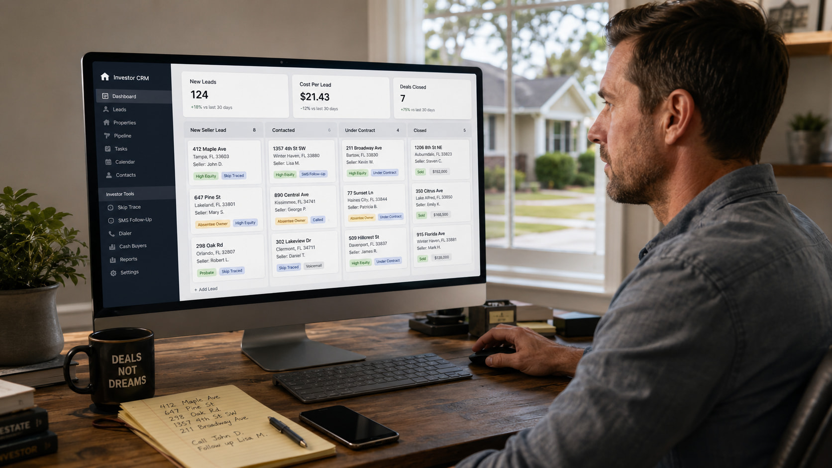 Real estate investor managing motivated seller leads in a CRM pipeline from new lead to closed deal.