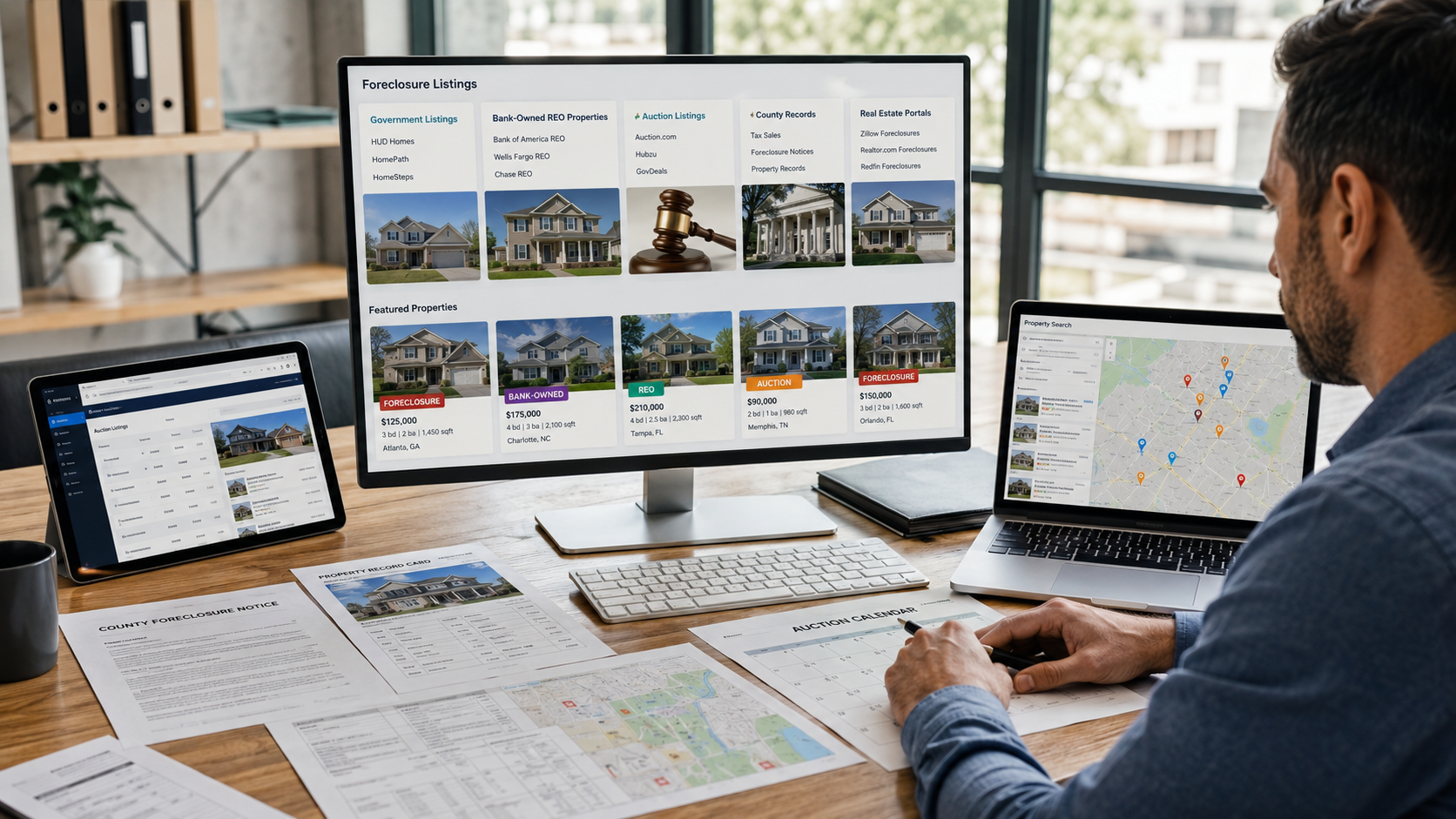 Real estate investor researching foreclosure listings on multiple screens.