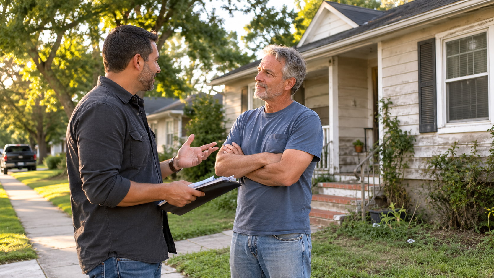 Real estate investor speaking with a homeowner outside a slightly distressed house while discussing a potential home sale.