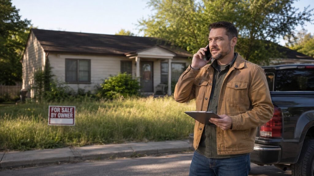 Cash buyer evaluating a for-sale-by-owner property while speaking with a homeowner outside a residential house.