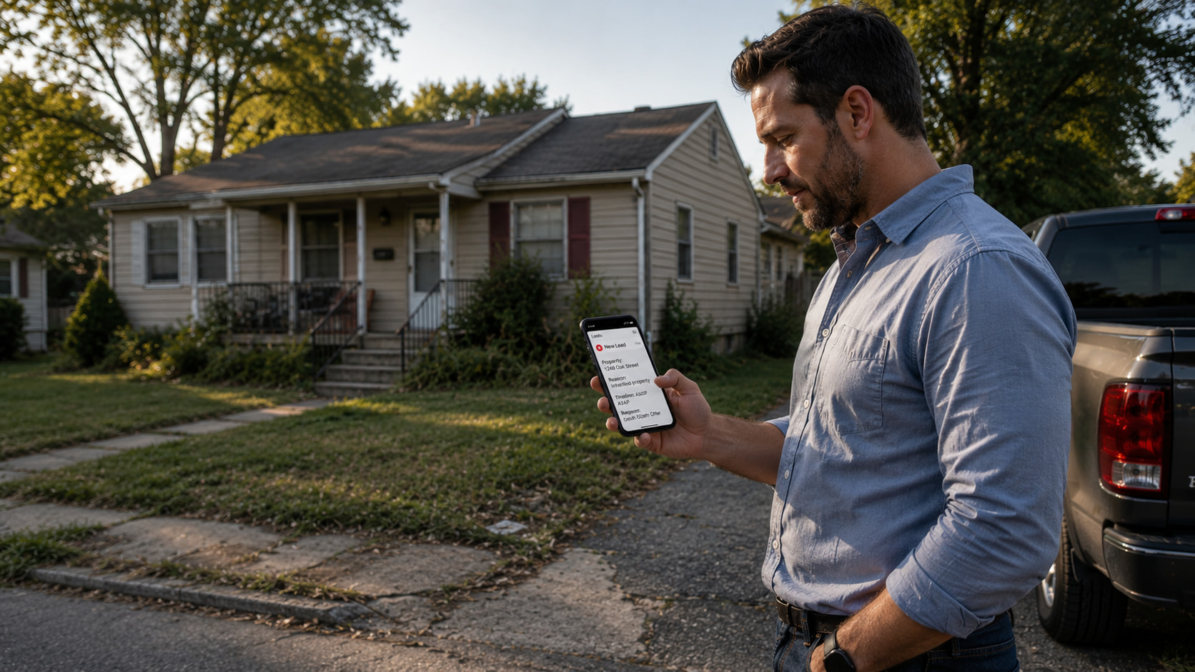 Cash home buyer reviewing a motivated seller lead while evaluating a residential investment property.