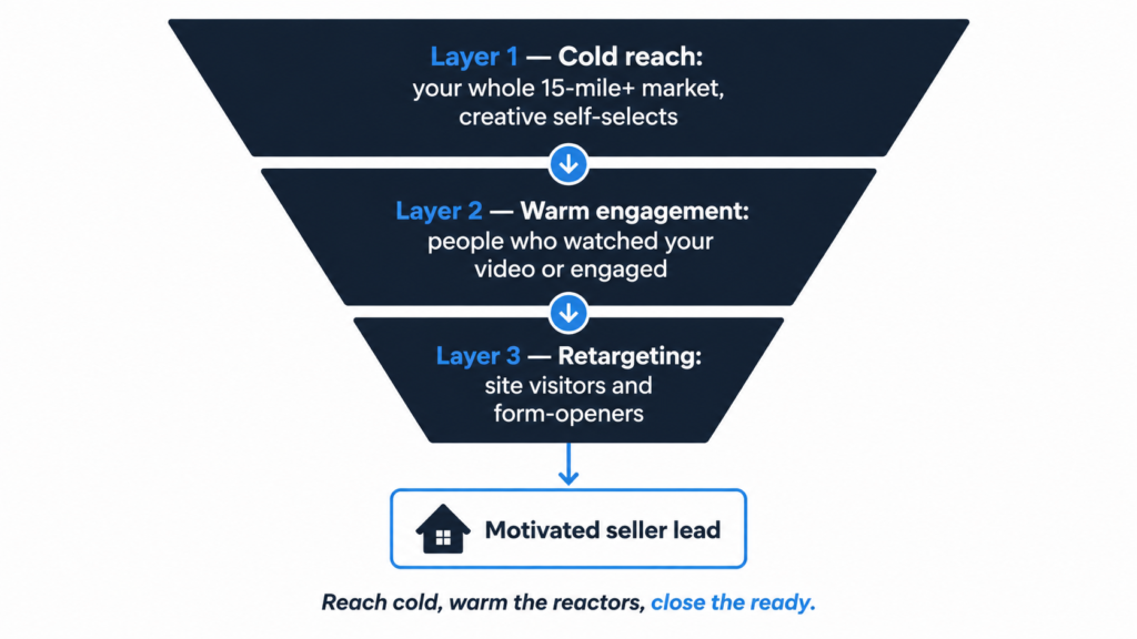 Real estate Facebook ads funnel showing cold reach, warm audiences, retargeting, and motivated seller leads.