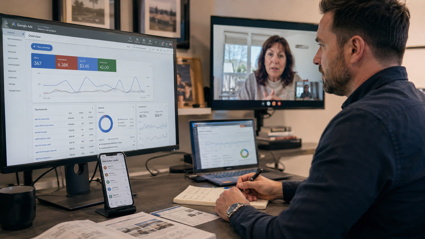 Real estate investor analyzing Google Ads seller lead campaigns, conversions, and CRM notifications for motivated seller lead generation.